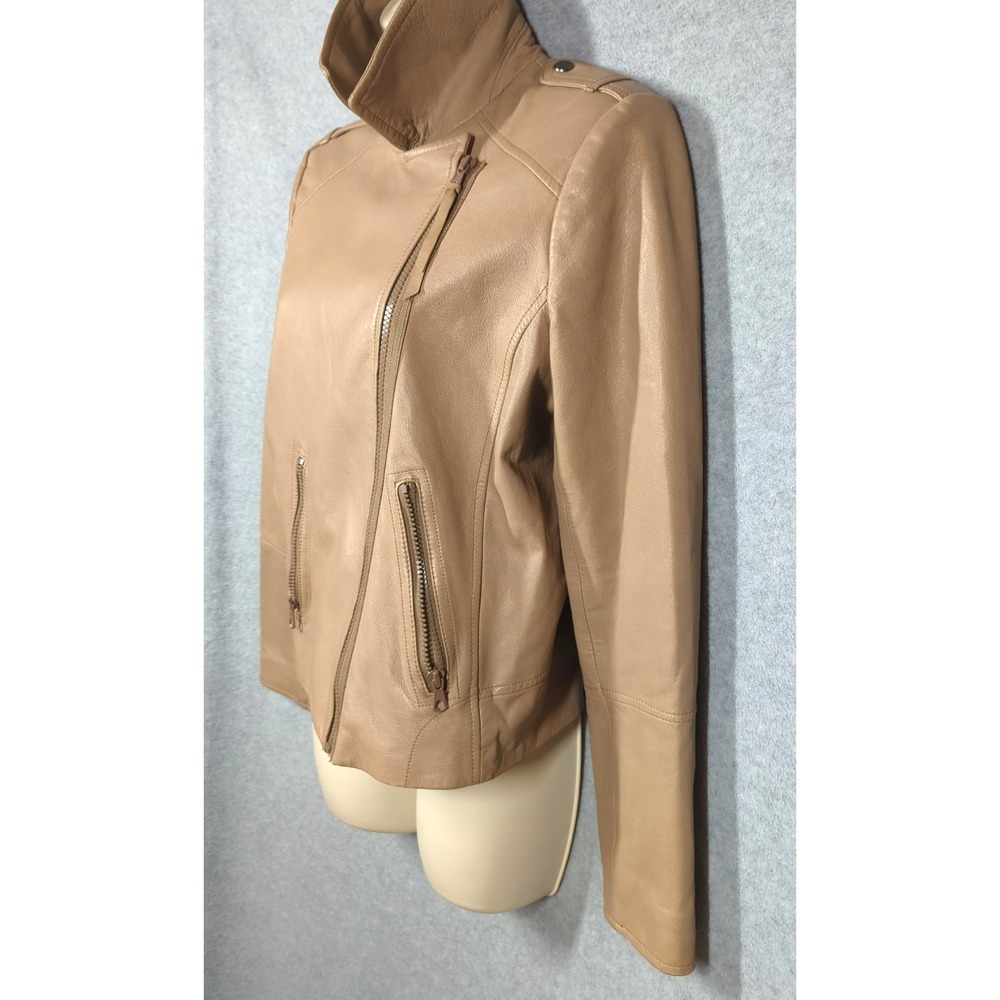 GAP Genuine Leather Moto Jacket S Tan Full Zip Zip Pockets Capsule Wardrobe Edgy